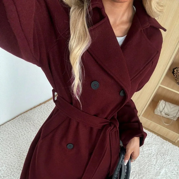 Burgundy Casual Women's Ancora Red Stand Collar Double Breasted Wool Blend Coat - Picture 6 of 7